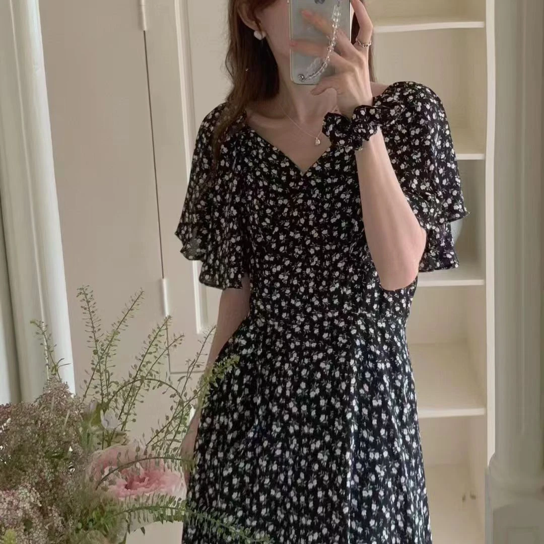 韩国【荷兰花】片式碎花连衣长裙