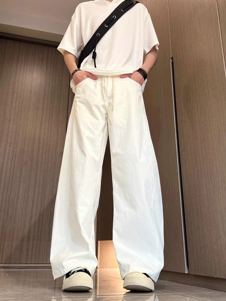 美式斜切休闲裤子男春夏季潮牌高街弯刀裤大码宽松直筒阔腿长裤子