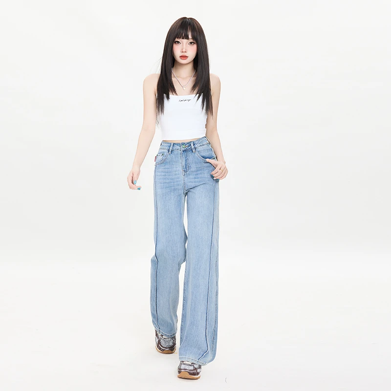 2025夏装清凉高腰复古水洗牛仔裤新款直筒裤线条小众设计感百搭宽