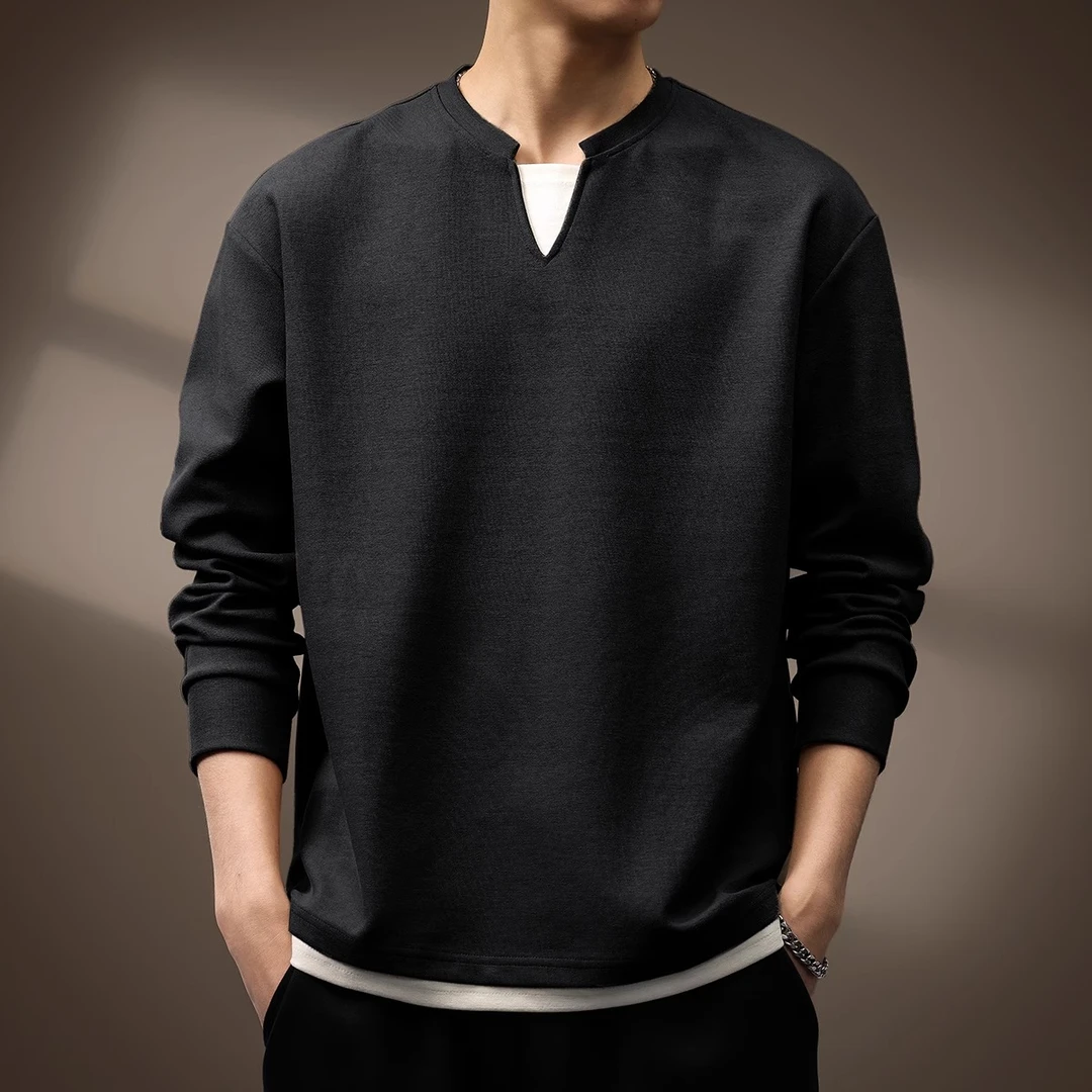 U&PURA高端日系肌理感V型Polo衫男春秋新款假两件长袖休闲T恤潮