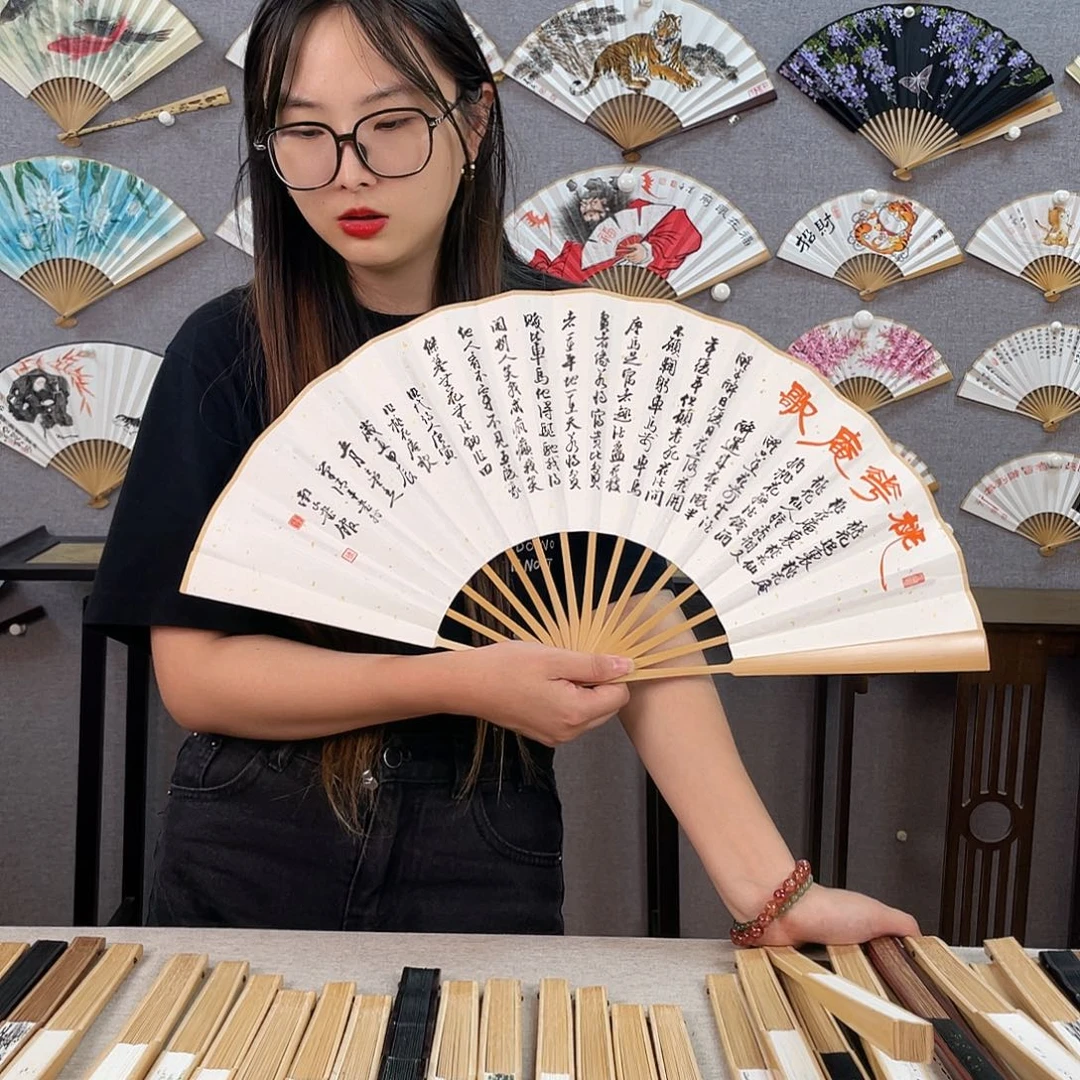 国画10寸玉竹-纯手绘-文玩扇骨（默认粘好）