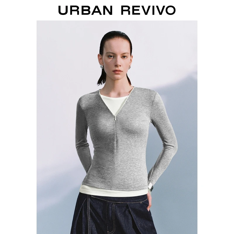 UR2026春季新款女装假两件撞色拉链修身T恤UWM450125+