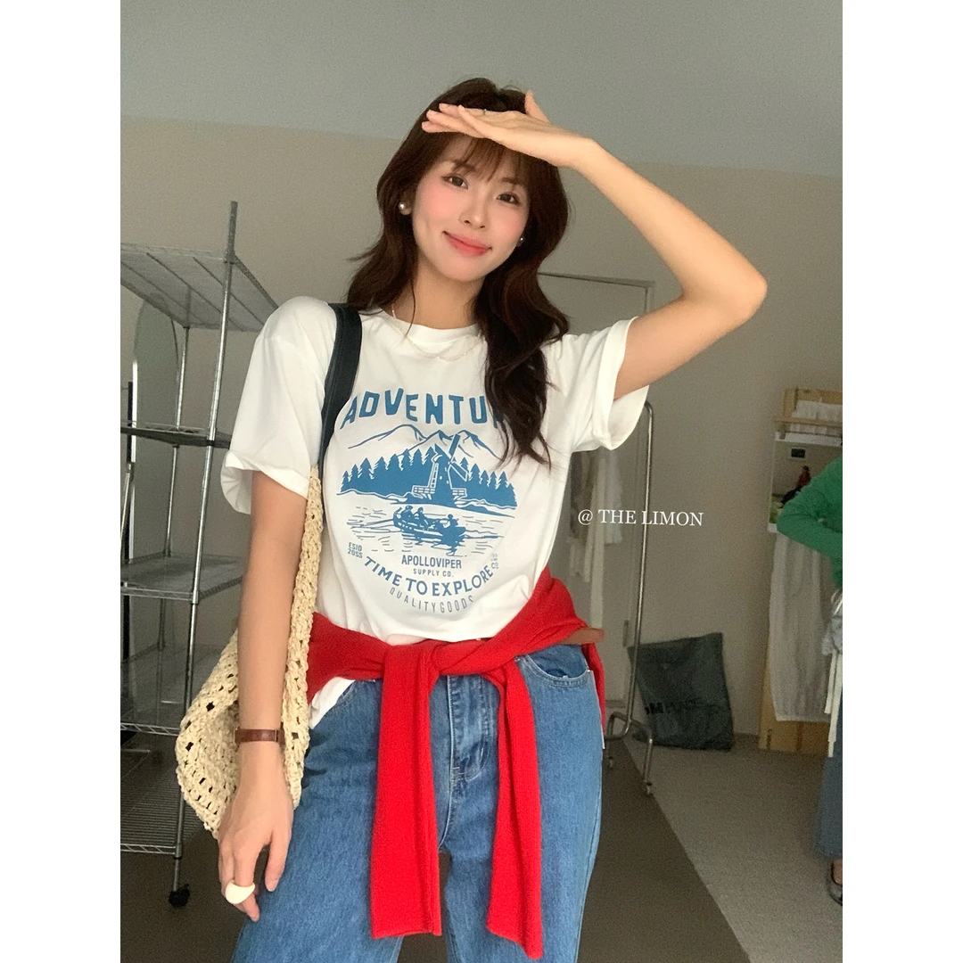 美树【柠檬绿茶】美式复古字母宽松圆领短袖T恤  8282#