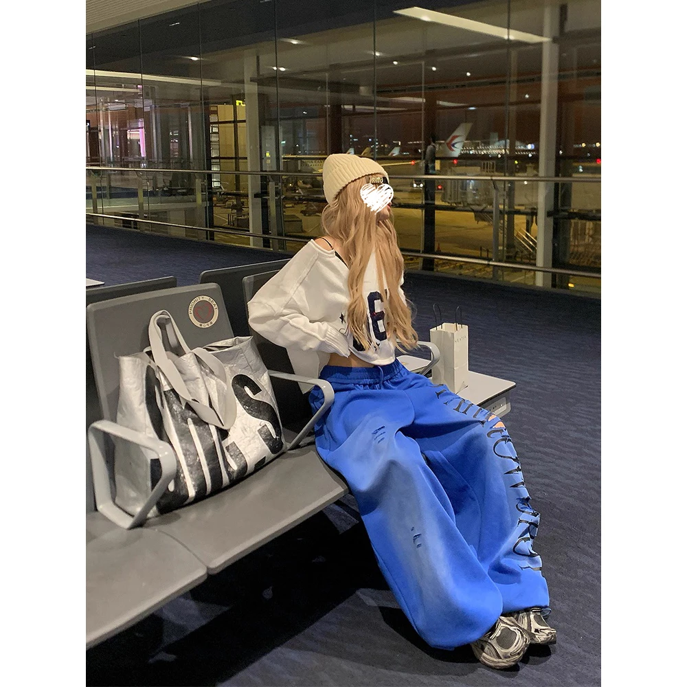 美式数字刺绣V领针织衫毛衣女+破洞字母印花抽绳阔腿裤 81229