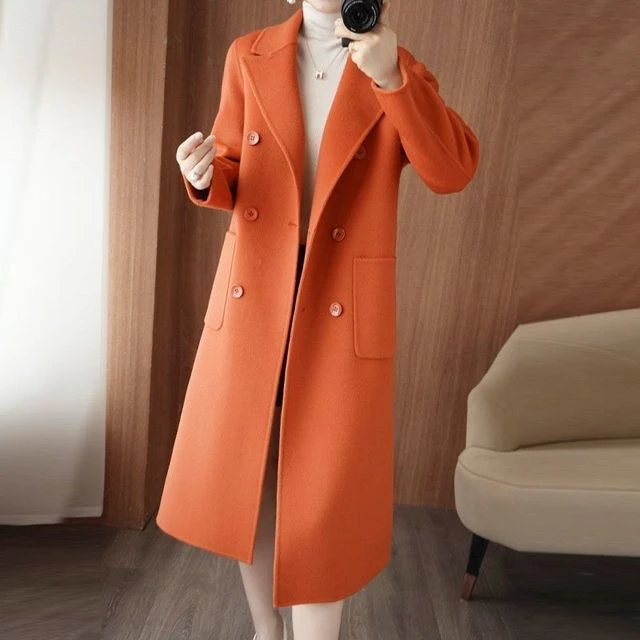 桔色毛呢外套女新款秋冬装韩系小个子高级感中长款呢子大衣