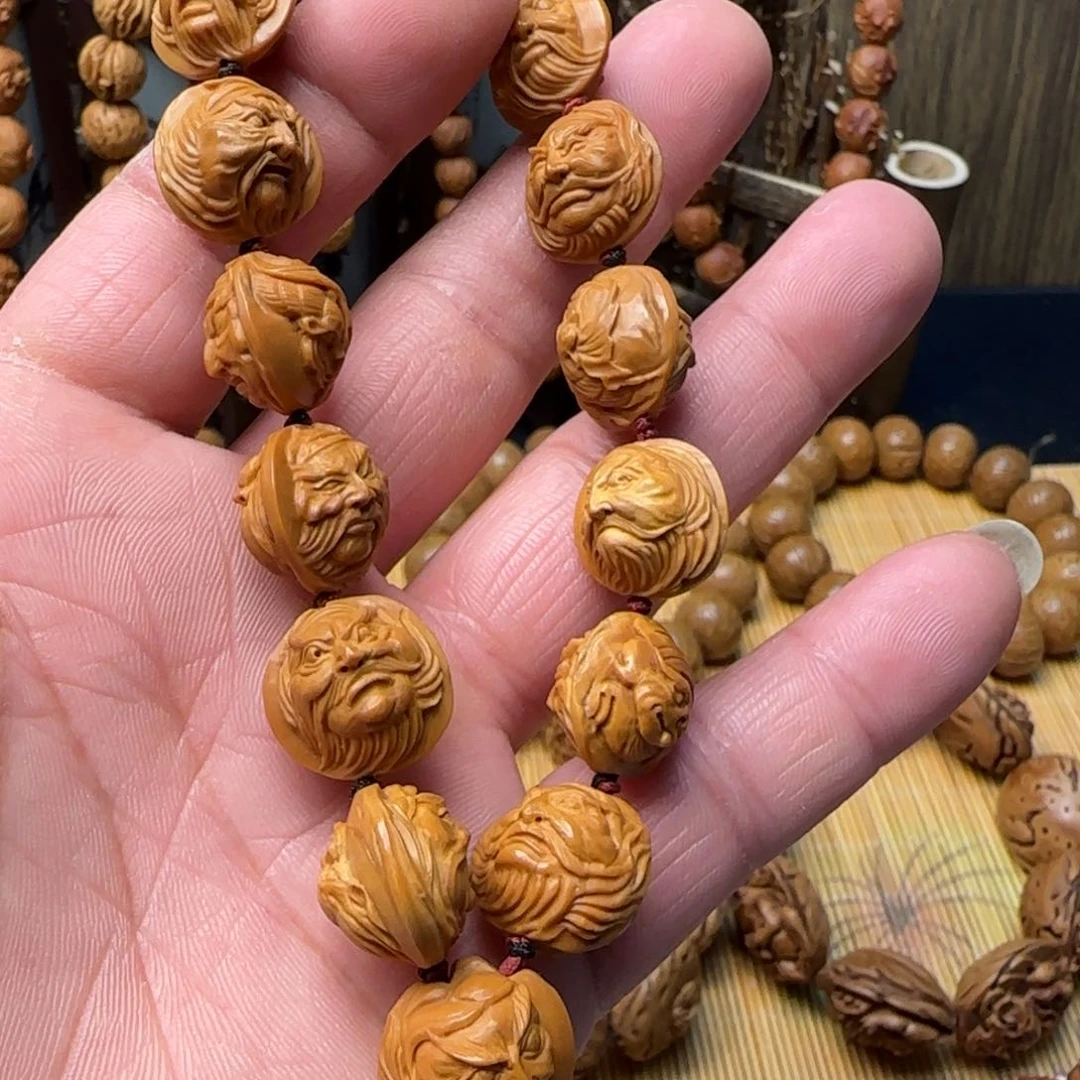 不退不换纯手工龙纹桃核钟馗瑞兽双面雕刻手串