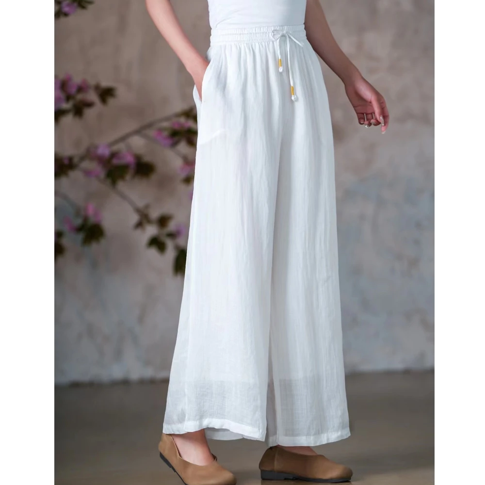 S121 苎麻阔腿裤女款松紧腰休闲宽松显瘦飘逸长裤子裙裤2025夏季