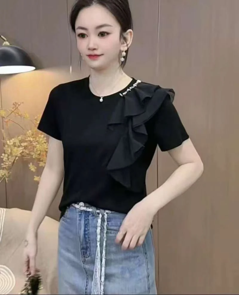 芊喜喜修身短袖T恤百搭荷叶边设计感圆领黑色