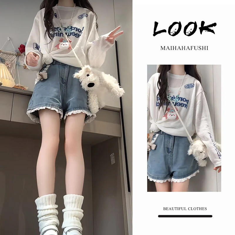 春季一整套女装2025新款韩版防晒罩衫字母T恤上衣牛仔短裤两件套