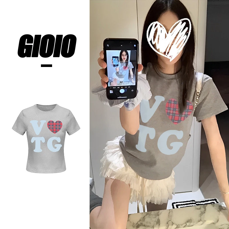 辣妹风穿搭显瘦ins欧美上衣夏季修身正肩圆领短袖t恤女
