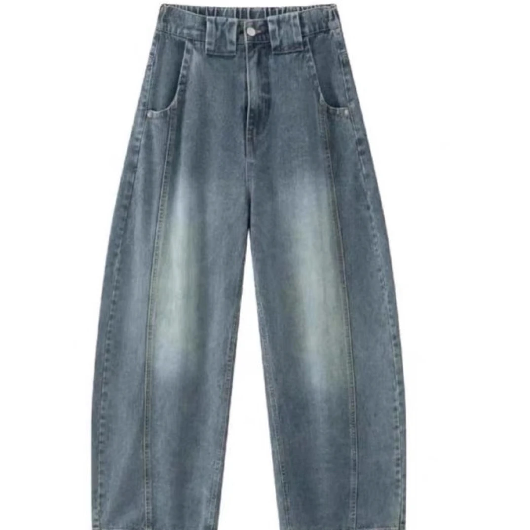 （默认瑕疵）秋冬款半松紧腰的弯刀阔腿牛仔裤