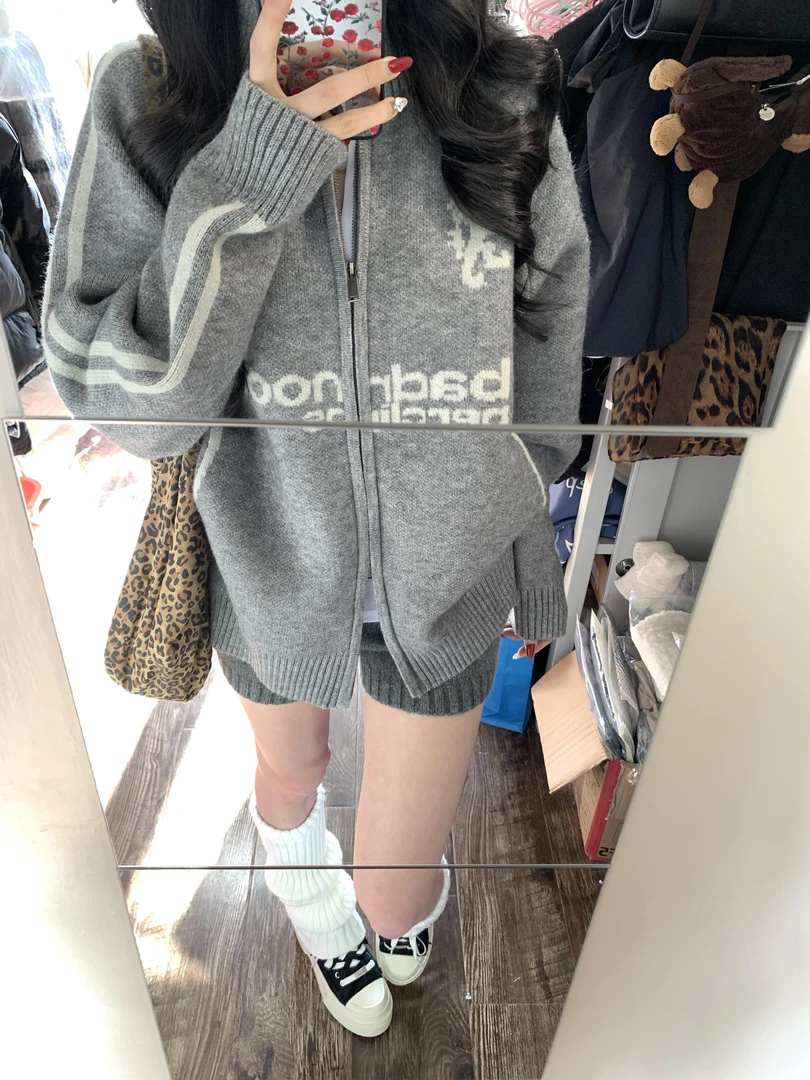 慵懒风设计感翻领拉链毛衣开衫女外套秋装新款韩版宽松针织衫上衣