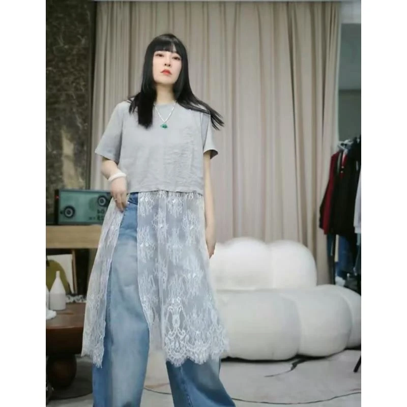 infobyfive2025春季新款侧开叉拼接蕾丝短袖T恤连衣裙NF0503084