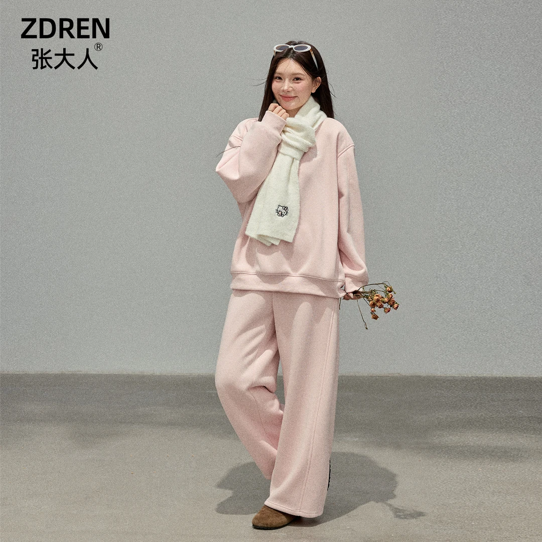 张大人【绵绵情话】大码女装微胖妹妹保暖上衣休闲裤粉色加绒套装