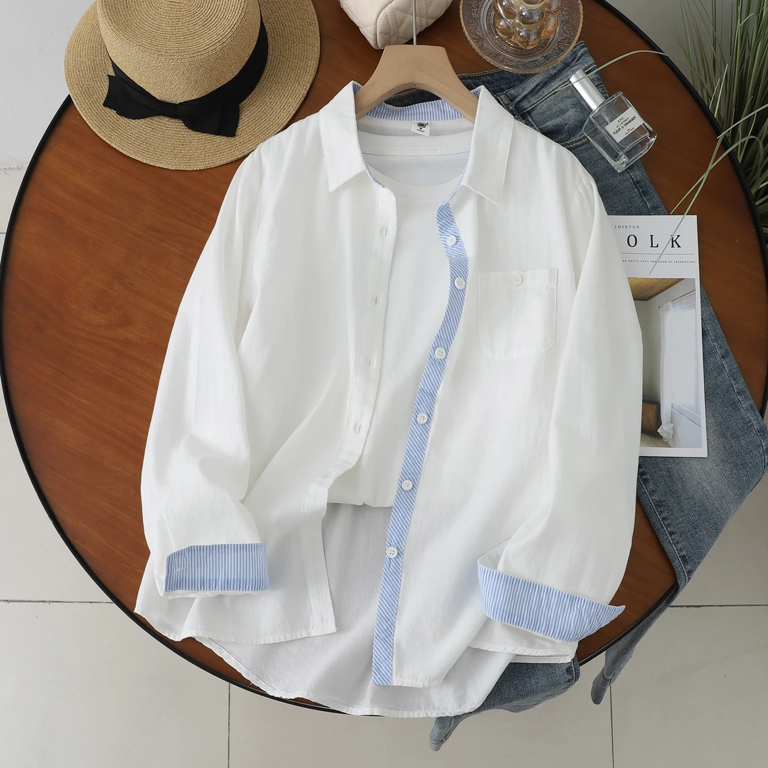 100%纯棉长袖衬衫夏季白色男友风女装衬衫休闲百搭薄款宽松春秋