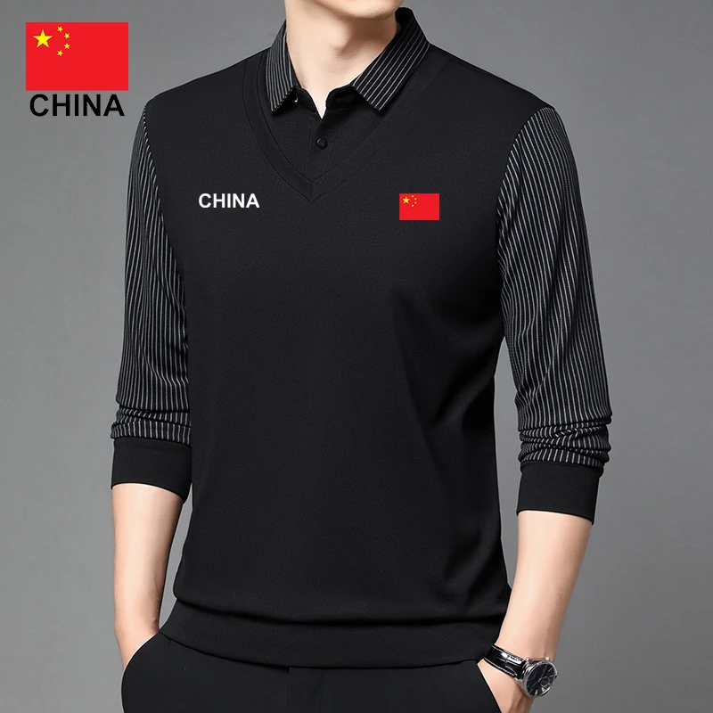 中国家队春秋新款男士休闲国旗红色polo衫翻领时尚长袖假两件上衣