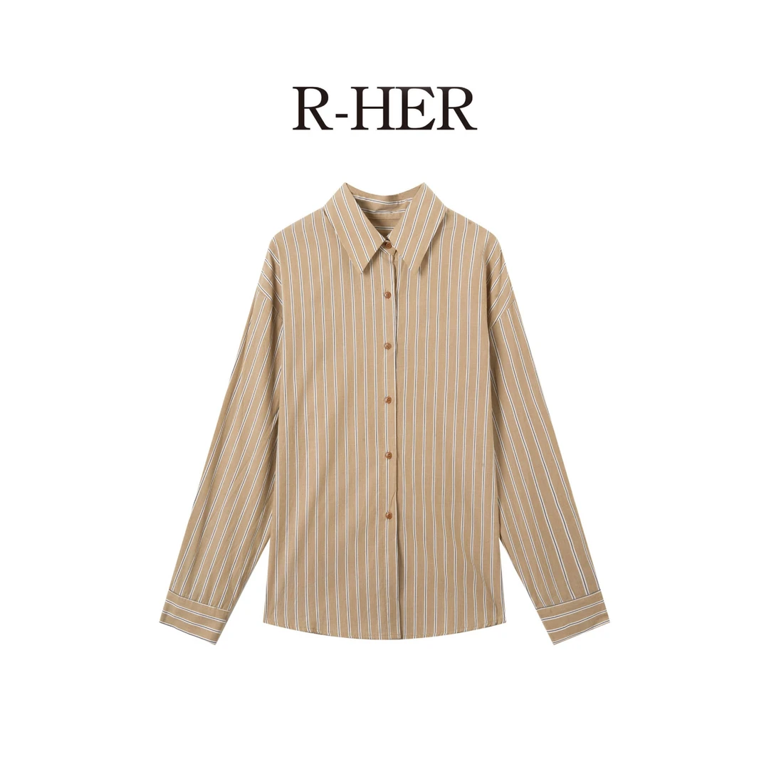 R-HER【POLO衬衣】刺绣条纹复古设计感休闲简约翻领宽松衬衣上衣
