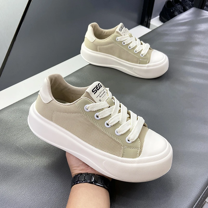 秋季网布透气休闲板鞋2025厚底大头鞋丑萌面包鞋百搭男小白鞋潮鞋