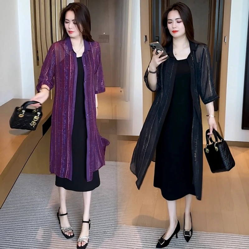 上衣中长款防晒衬衫显瘦时尚套装裙子长袖时尚大码洋气女装