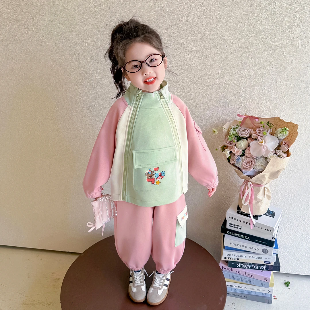 女童甜美春秋套装2025新款儿童时尚可爱拉条撞色秋装女宝宝两件套