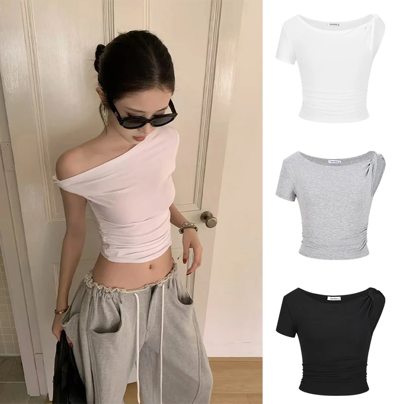 Moses Queen/魔西女王白色斜领露肩T恤新设计感修身短款斜肩上衣