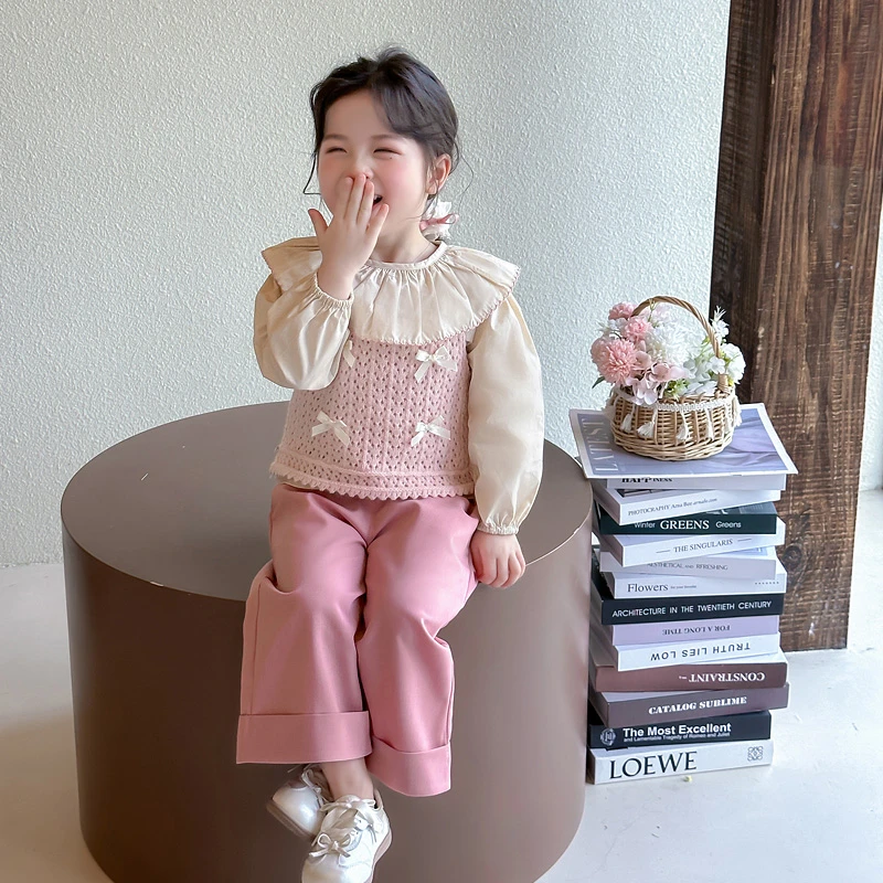 儿童春秋新款洋气女宝宝荷叶领三件套时髦女童马甲阔腿裤套装甜美