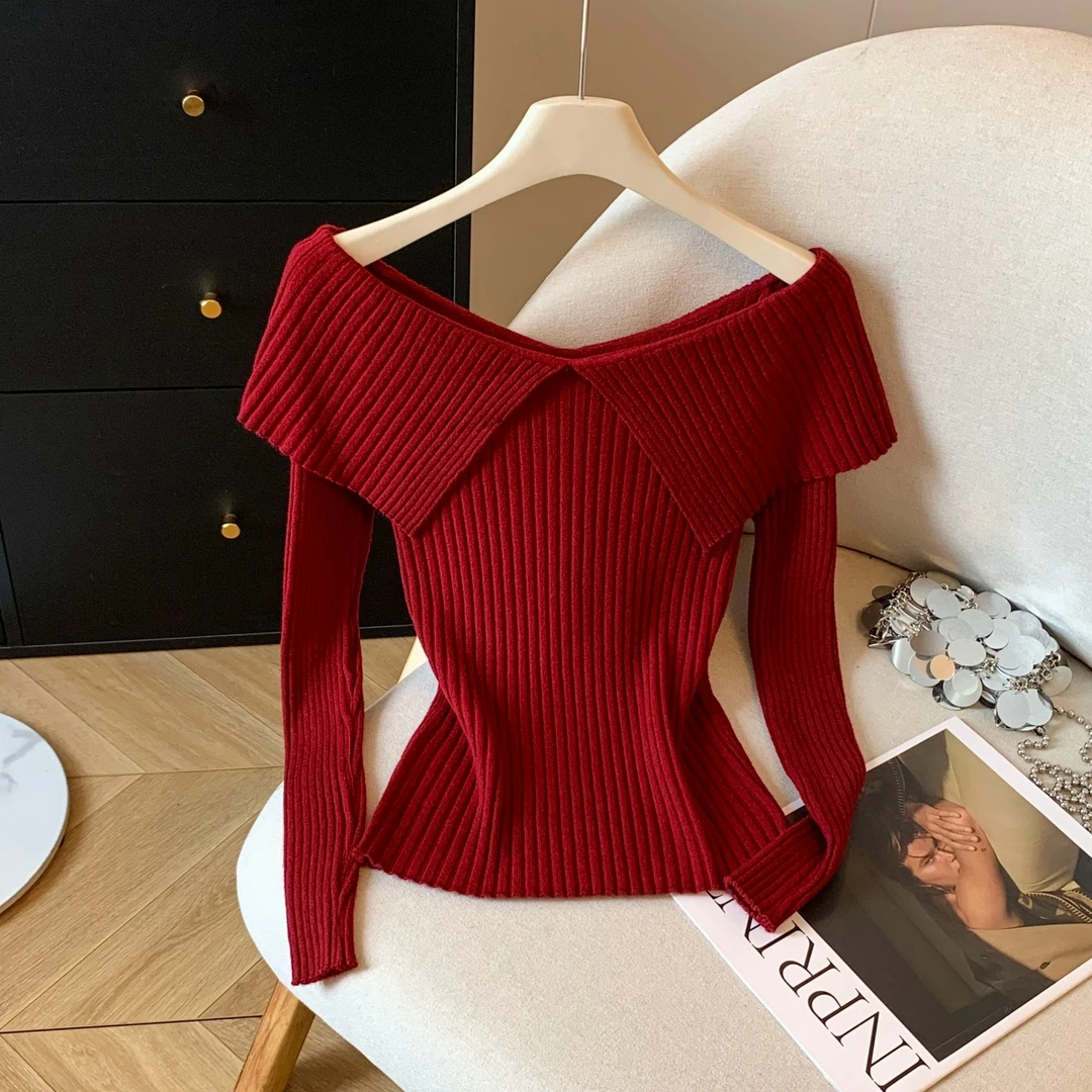 时尚气质一字肩长袖针织衫女秋装2025年秋季新款修身显瘦外穿上衣