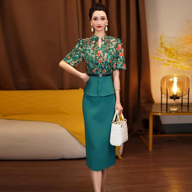 绿色碎花连衣裙短袖夏季高腰假两件包臀裙显瘦修身一步裙7190