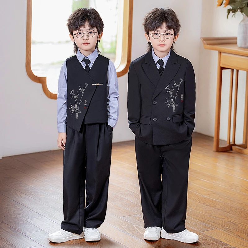 男童新中式西装马甲礼服秋季新款国风套装儿童钢琴帅气主持演出服
