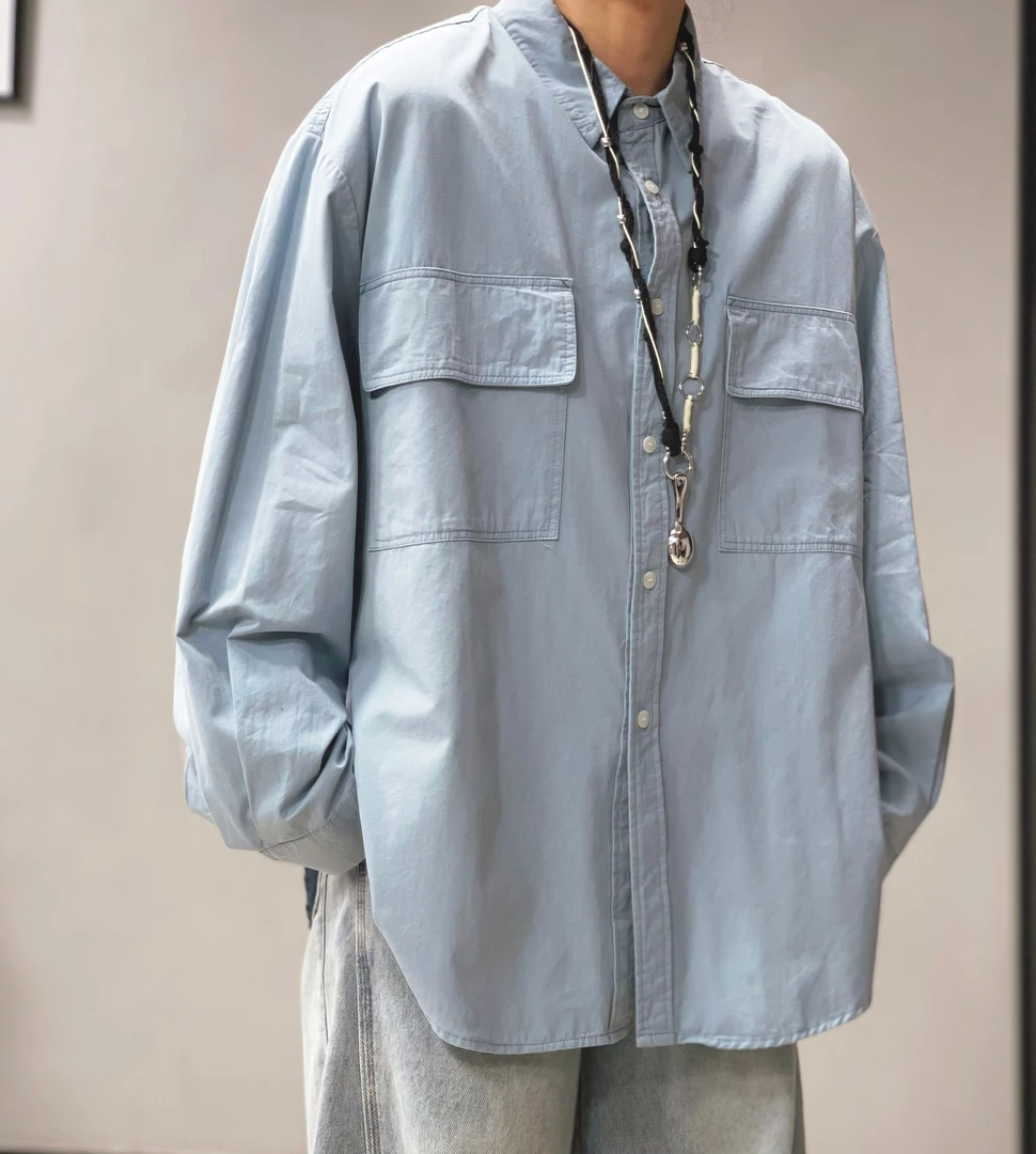 9001春季 衬衫休闲宽松复古百搭潮流纯色韩版港风设计感长袖衬衣.
