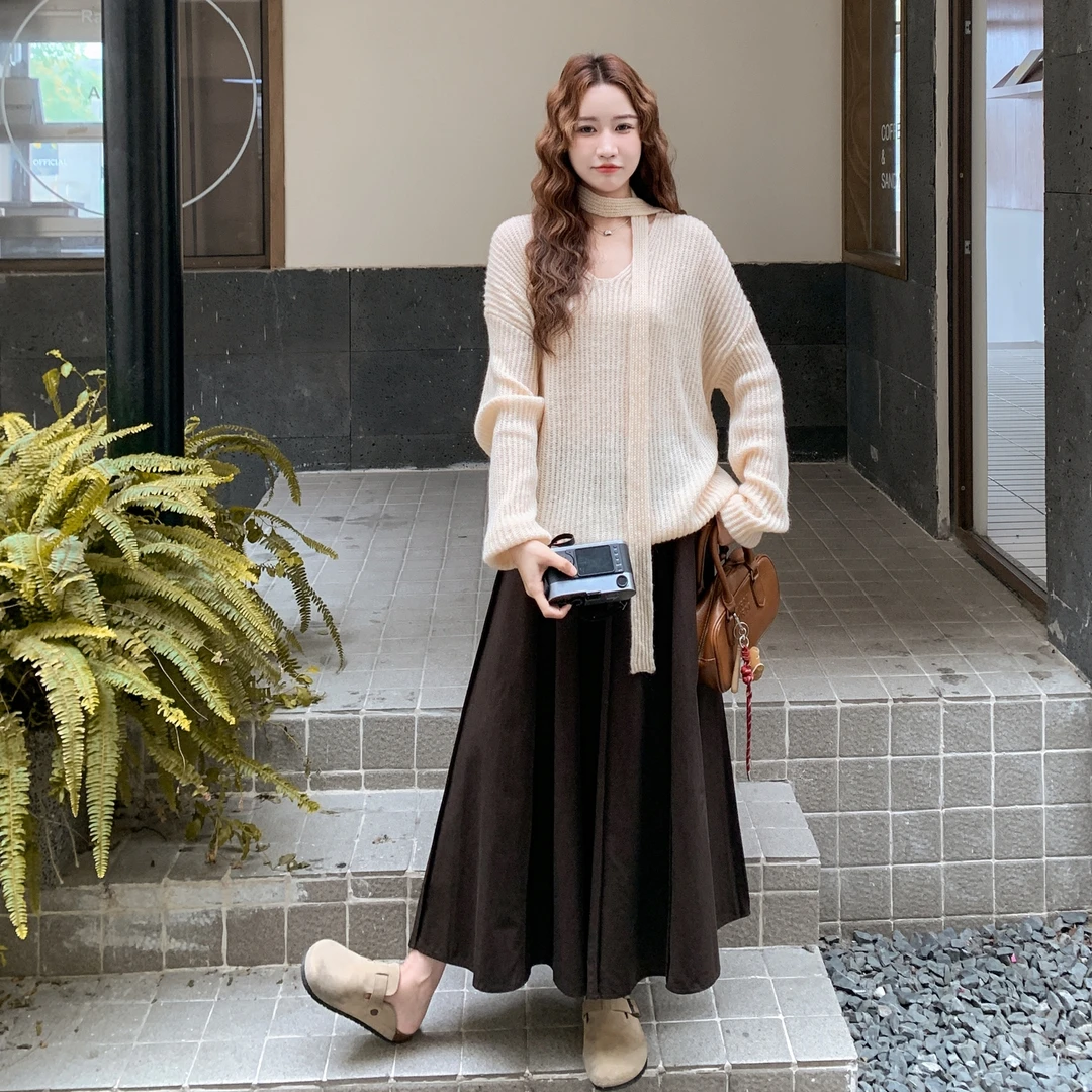 甜美风简约氛围感飘带针织衫早秋新款宽松休闲百搭半身裙两件套