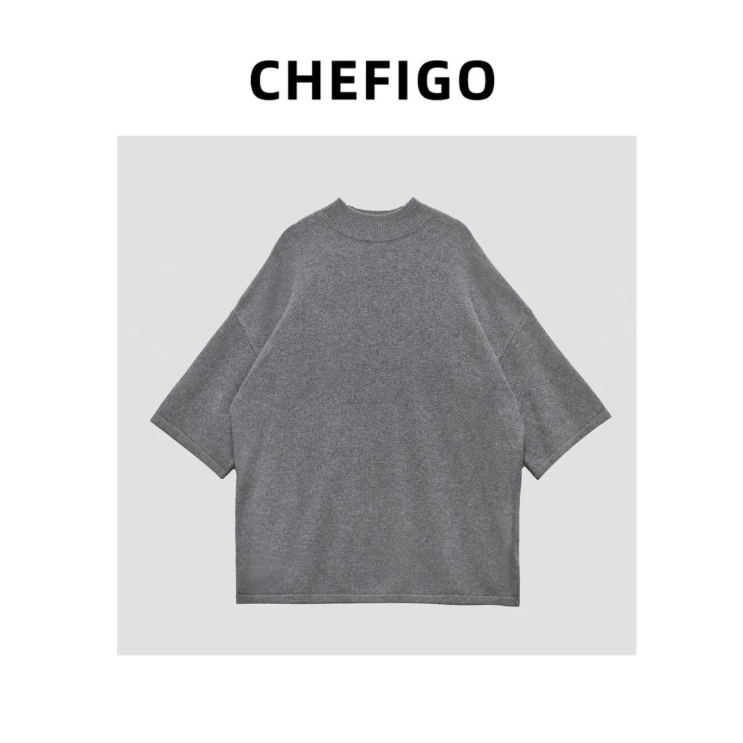 CHEFIGO纯羊毛落肩五分袖毛衣