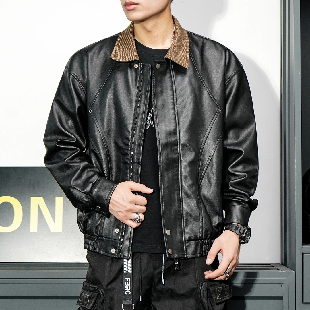 彦正美式复古潮牌黑色短款皮衣外套男翻领痞帅机车PU宽松皮夹克潮
