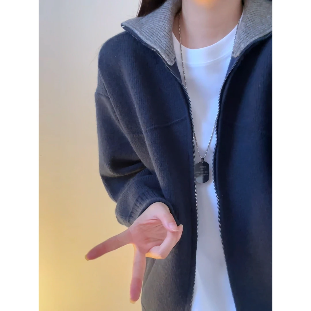 美式慵懒感撞色拉链开衫毛衣男秋冬潮牌复古oversize针织衫外套