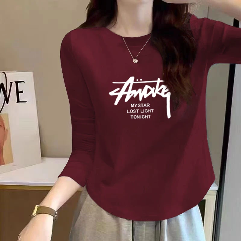 纯棉圆领弧形下摆休闲百搭2025秋季新款长袖T恤女士字母印花显瘦