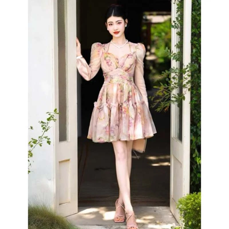 【有里布】设计师品牌高级感碎花时尚气质收腰长袖连衣裙女D3183