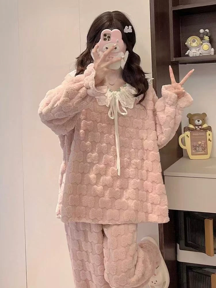 2512绒款粉色蝴蝶结套头家居服长袖长裤套装