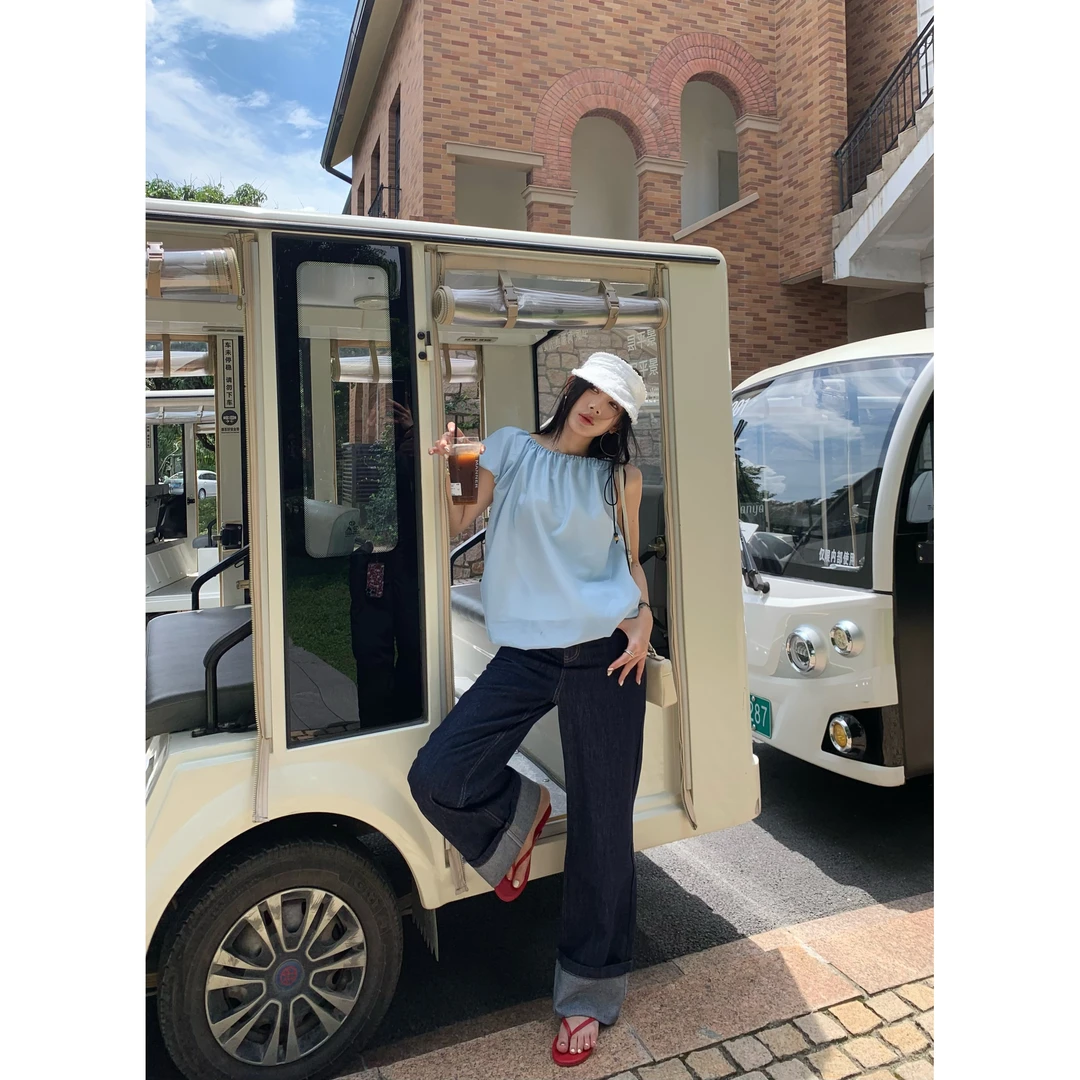 70不是七十【海盐奶芙】春夏韩系斜肩抽绳设计感花苞小衫上衣