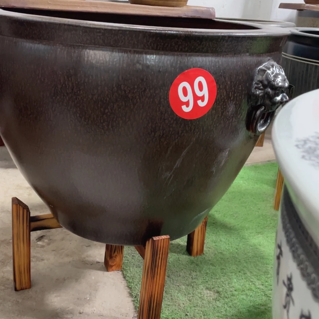 摄***师景德镇陶瓷鱼缸带实木架和流水一套