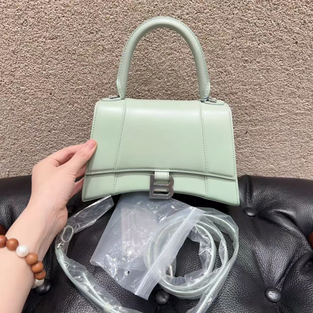 99新 Balenciaga/巴黎世家 小号沙漏包浅绿色银扣牛皮手提单肩包