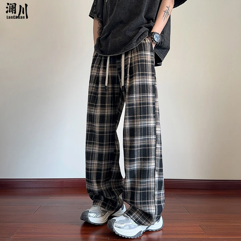 美式复古黑白格子裤子男夏季薄款直筒宽松百搭垂坠感宽松阔腿裤男