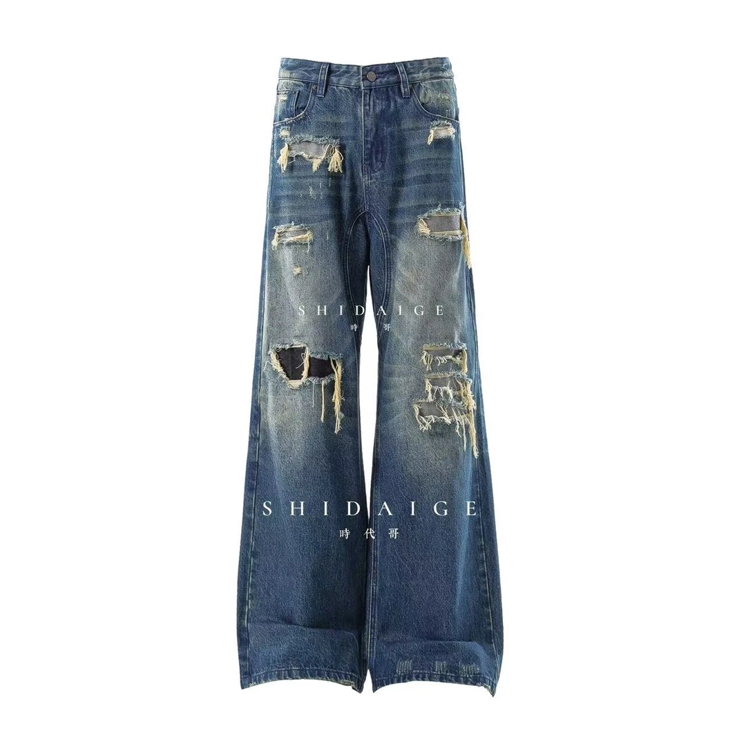 SDG-A字版直筒重工破洞牛仔裤14zo立体剪裁水洗牛仔裤直筒