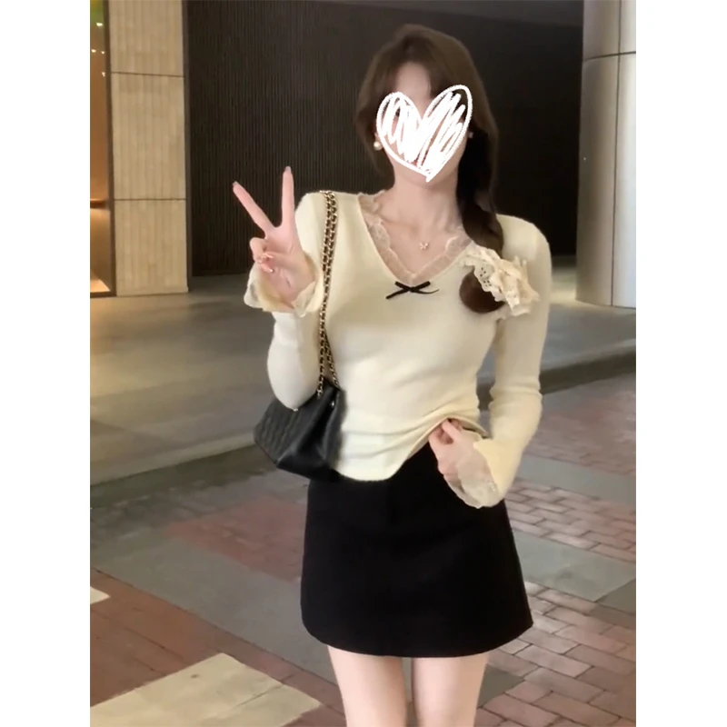 性感纯欲蝴蝶结蕾丝V领长袖针织衫女秋冬新款修身显瘦打底衫上衣