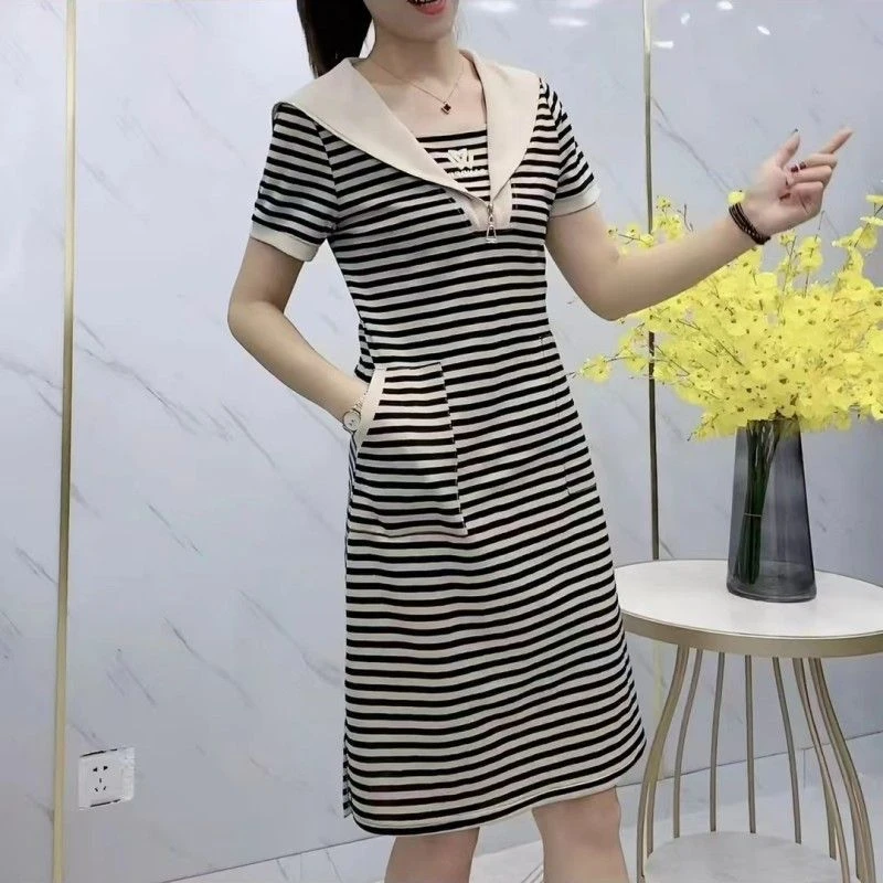 高档洋气2025夏季新款假两件条纹拉链海军领连衣裙显瘦遮肉中长裙