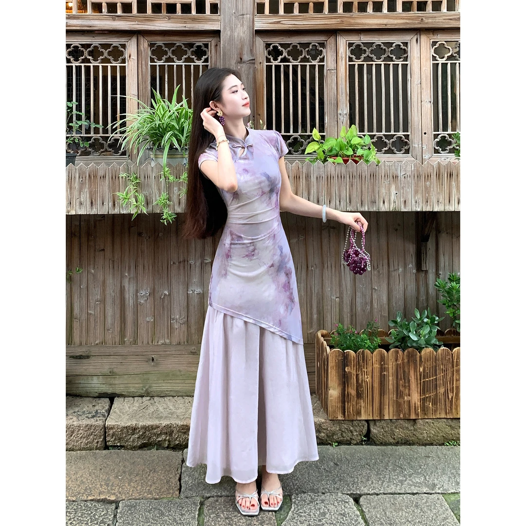 凌茜恣禾【萦梦饶】国风新中式紫色晕染假两件掐腰连衣裙改良旗袍裙