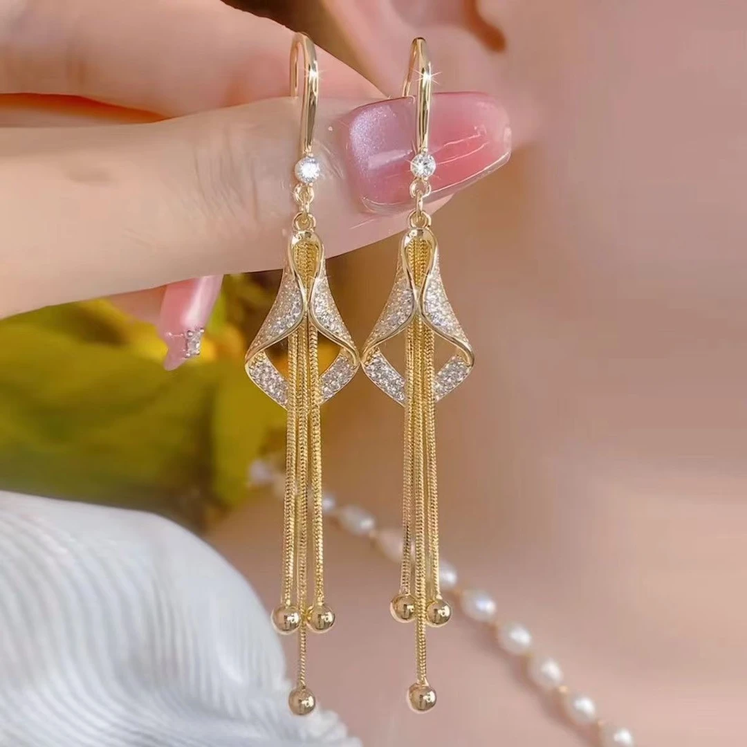 气质韩版时尚几何菱形长款流苏耳环女百搭满钻耳坠轻奢显脸瘦耳饰