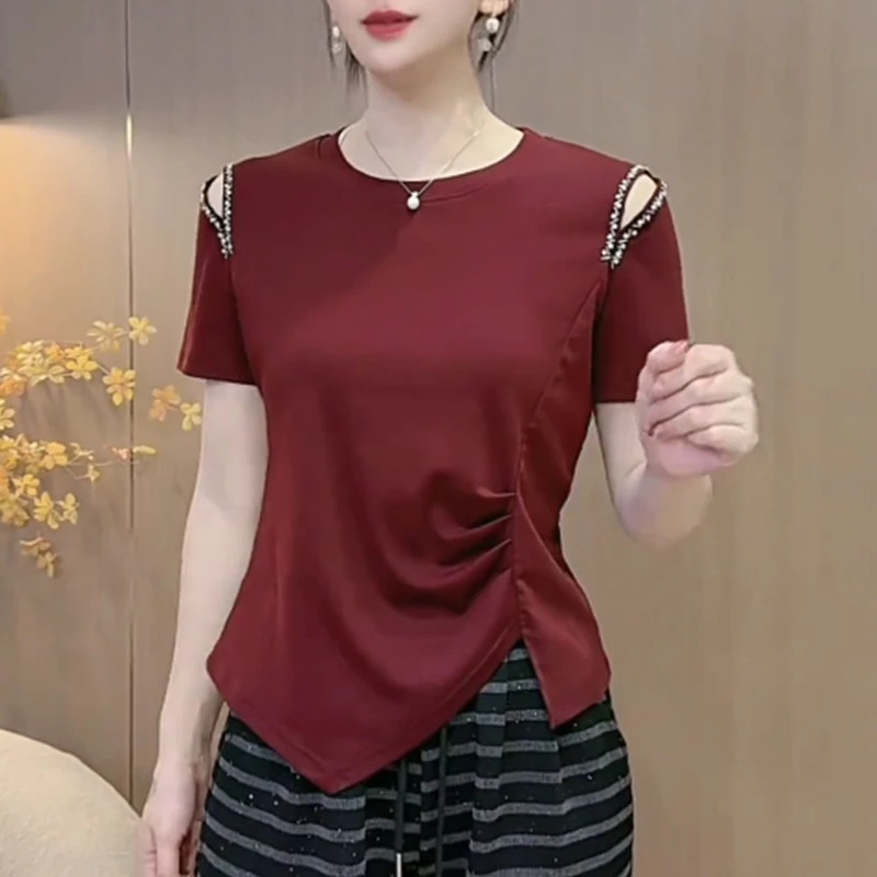 夏季小香风露肩中袖正肩t恤女2025新款设计感夏季五分袖上衣体恤