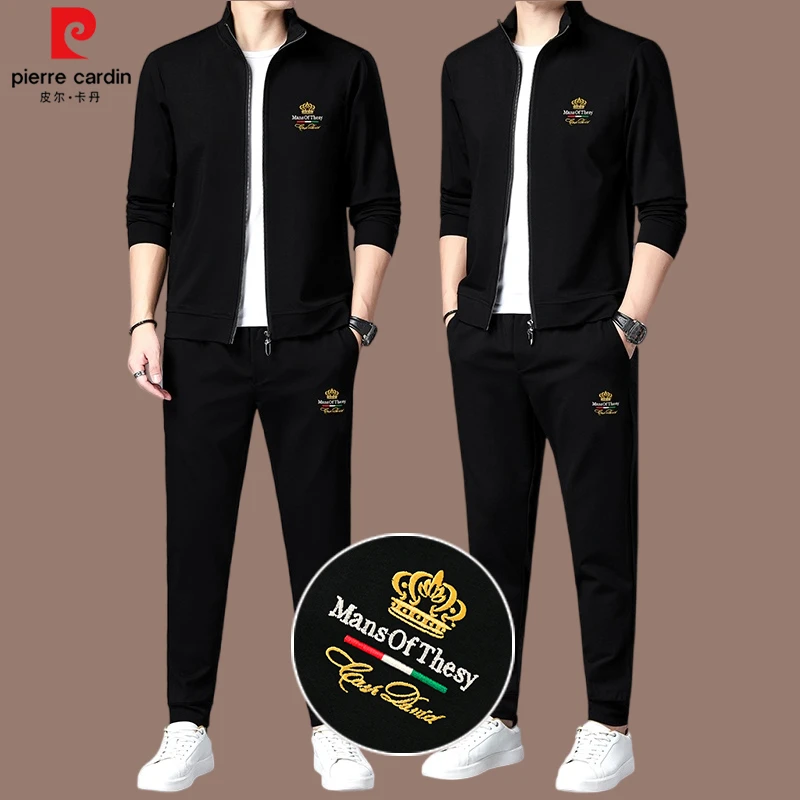 【皮尔卡丹 名牌正品】高端桑蚕丝轻奢刺绣男士休闲运动套装三件套
