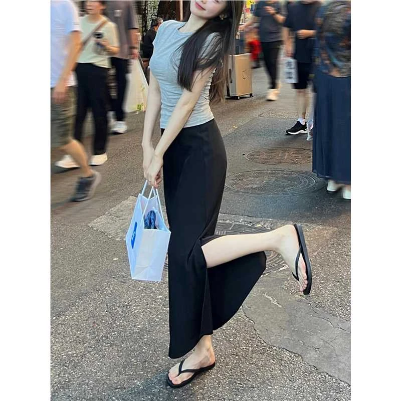莫代尔黑色垂感半身裙女春夏胖高腰遮胯显瘦开叉直筒长裙子