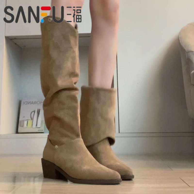 三福法式复古两穿绒面长筒靴女2025春秋新款西部粗跟瘦瘦骑士靴子